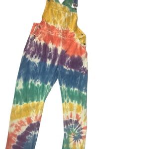Current Mood Yellow and Pink Tie-Dye Overalls XS